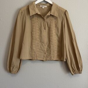 La Lavon Cotton Crochet Lace Puff Sleeve Button Down Cottagecore Crop Blouse Tan